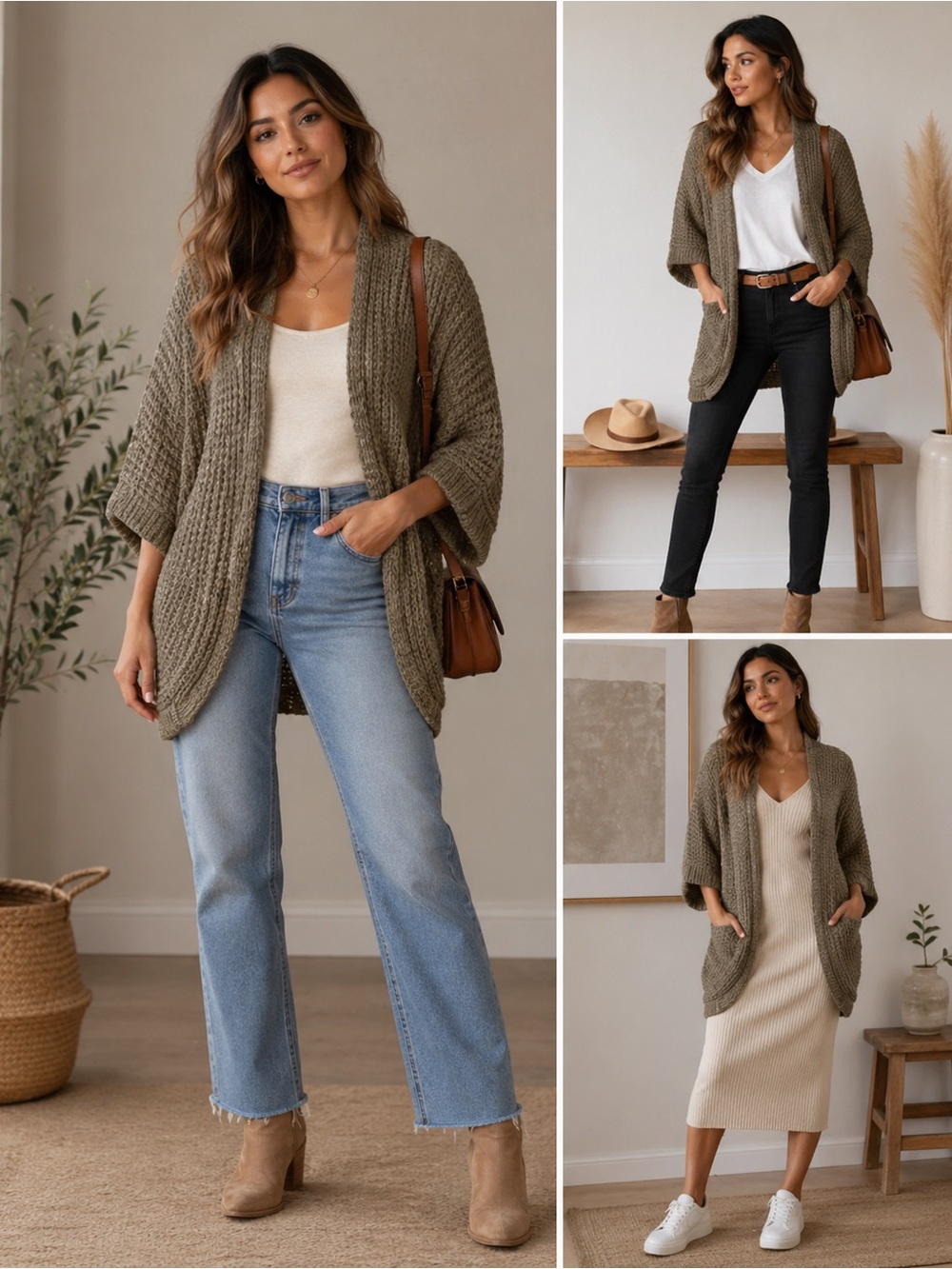 Woven Heart Chunky Knit Open Front Cardigan Olive Tan Boho Oversized Cozy Sz M